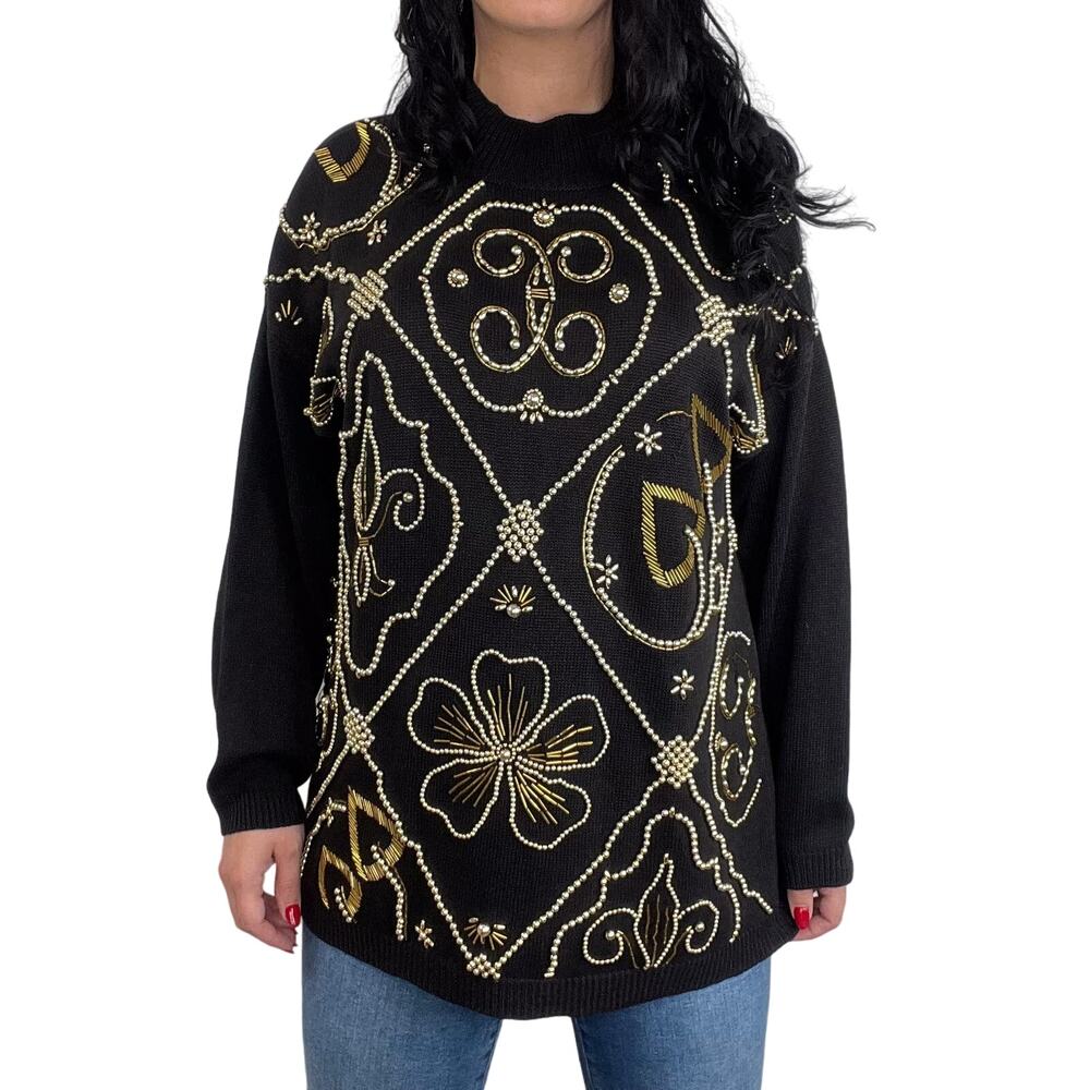 Victoria Jones 1980s Vintage Black & Gold Beaded Embroidered Sweater Large